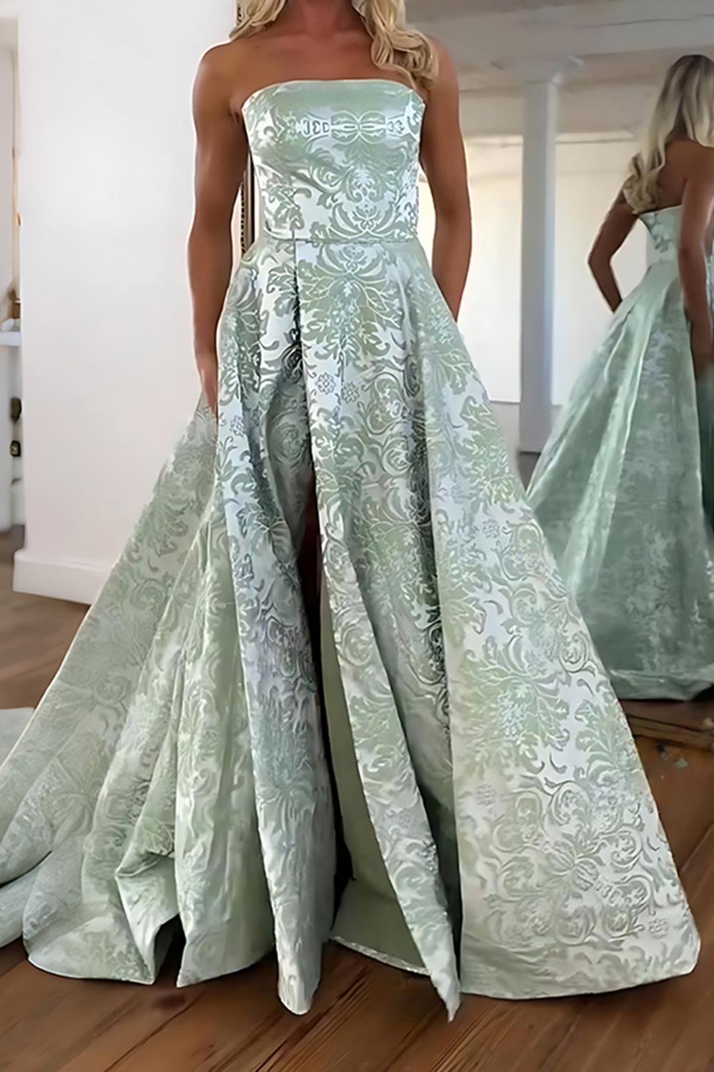 Blue Floral Strapless A Line Long Prom Dress with Slit