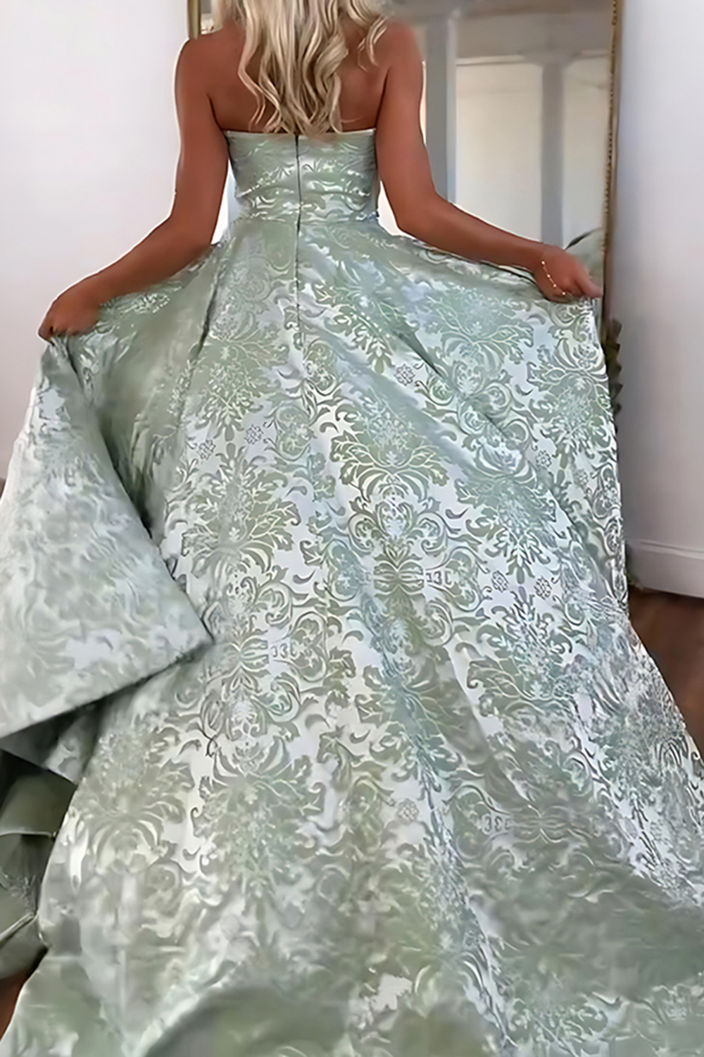 Blue Floral Strapless A Line Long Prom Dress with Slit