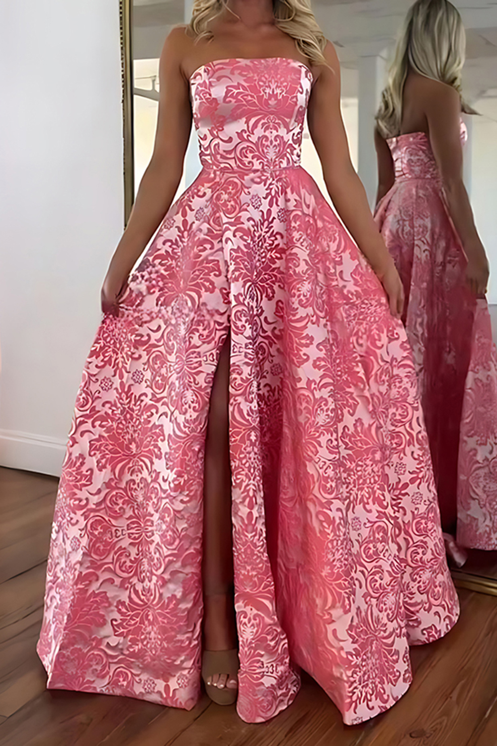 Blue Floral Strapless A Line Long Prom Dress with Slit