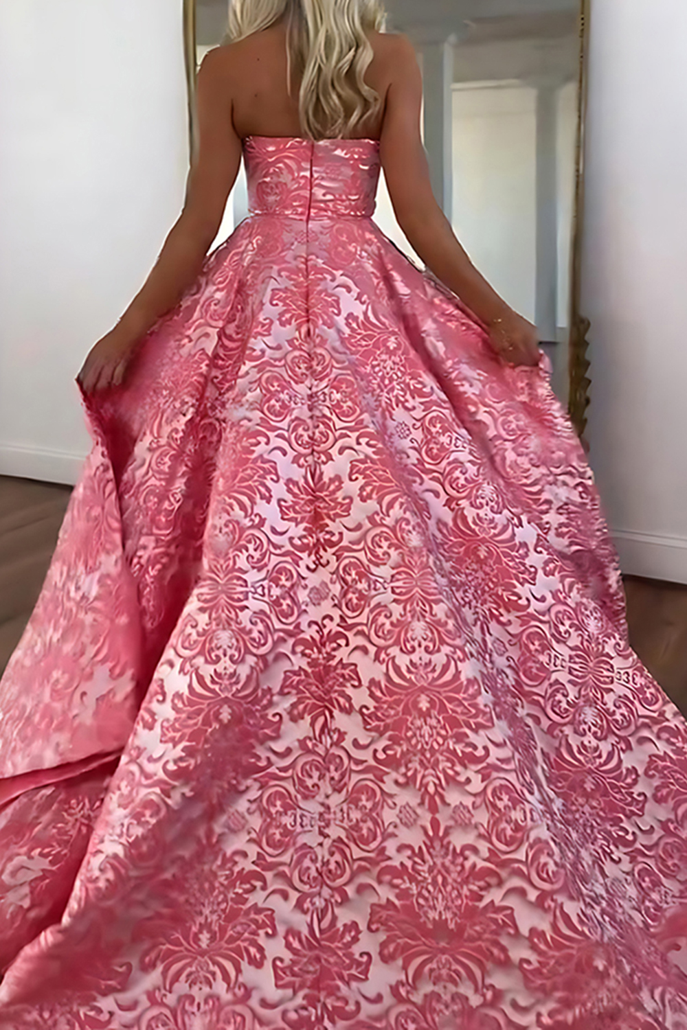 Blue Floral Strapless A Line Long Prom Dress with Slit