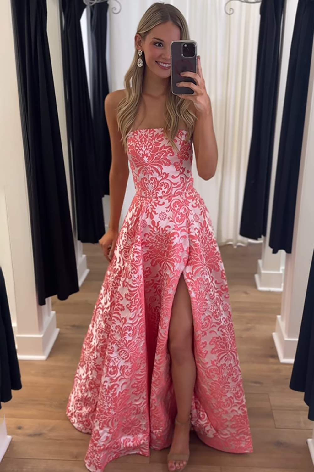 Blue Floral A Line Strapless Long Prom Dress with Slit