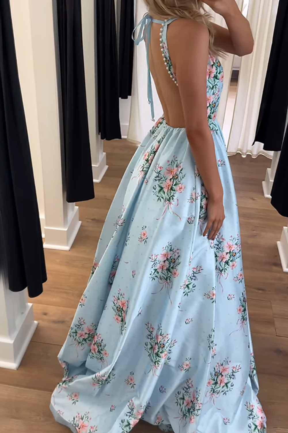Blue Floral Spaghetti Straps A Line Long Prom Dress