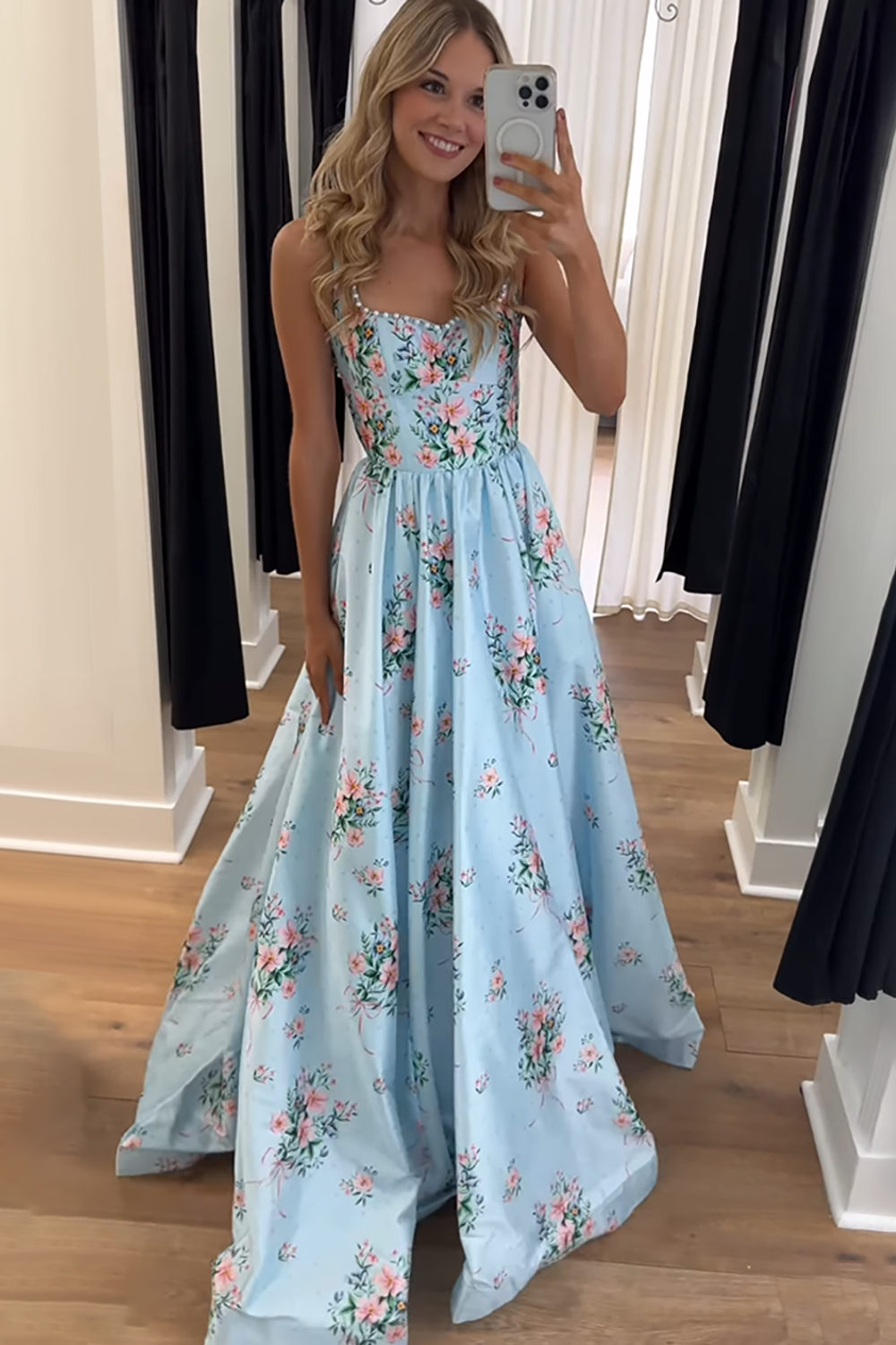 Blue Floral Spaghetti Straps A Line Long Prom Dress