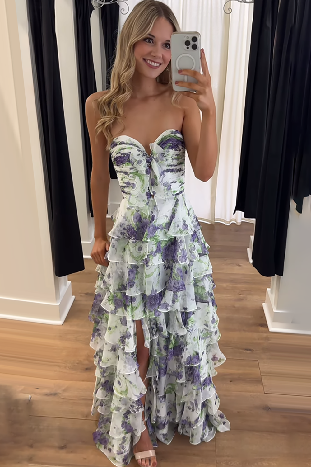 White and Purple Floral Ruffled Strapless A Line Long Prom Dress with Slit