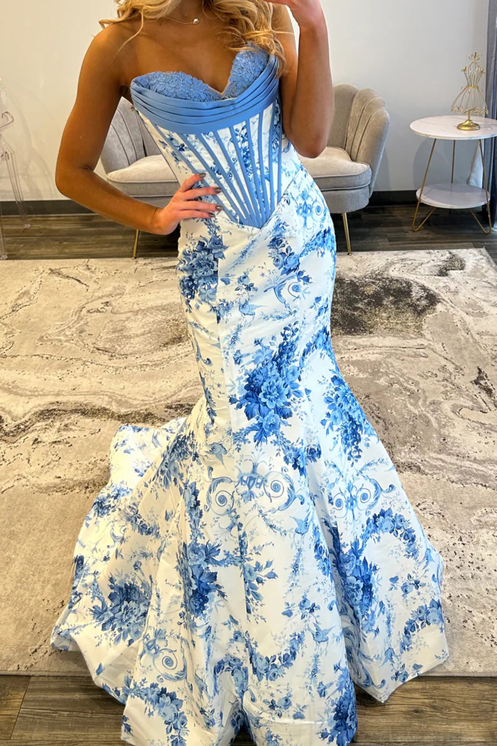 White and Blue Mermaid Floral Strapless Corset Long Prom Dress