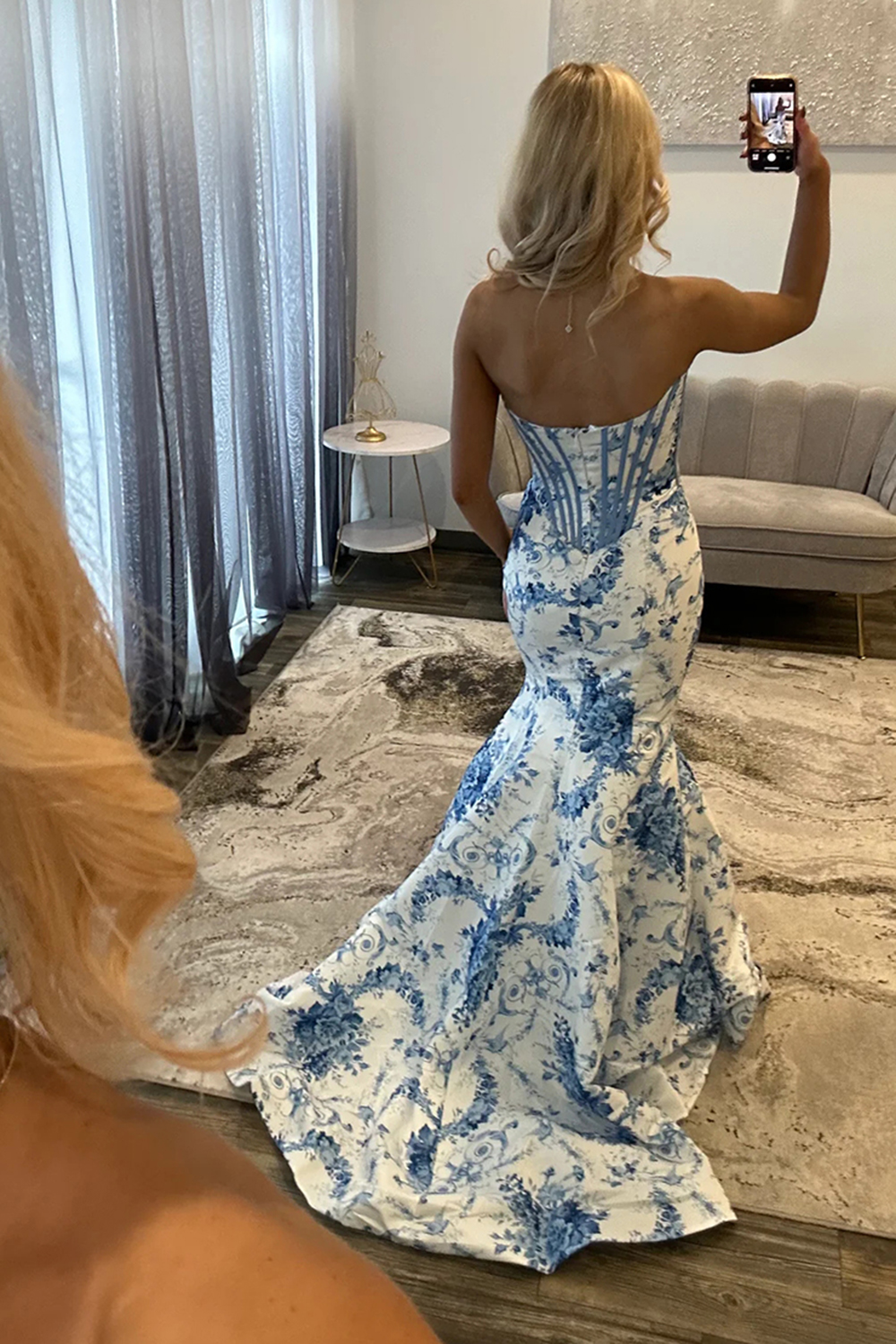 White and Blue Mermaid Floral Strapless Corset Long Prom Dress