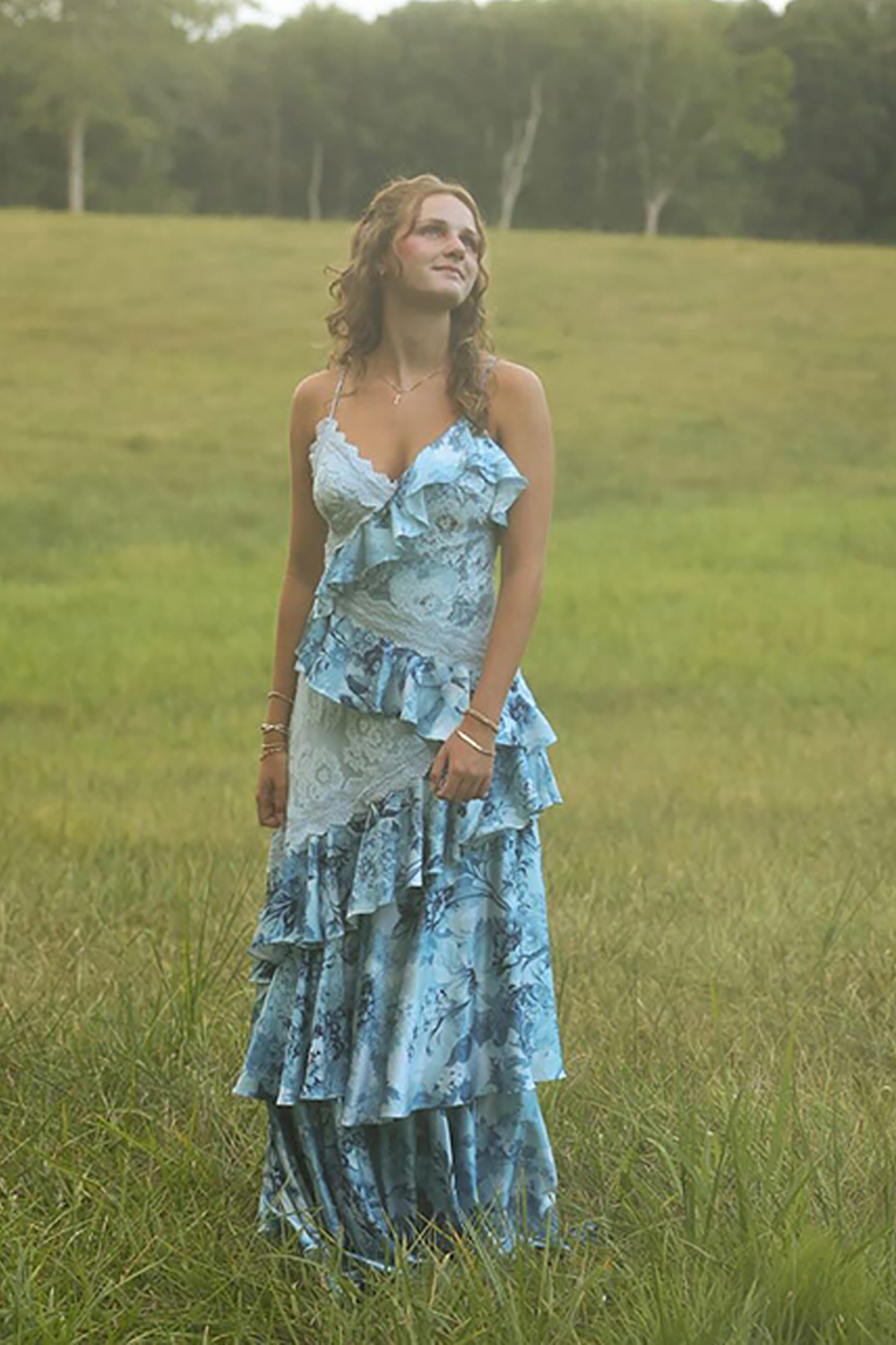 Blue Floral Spaghetti Straps Ruffled Long Prom Dress