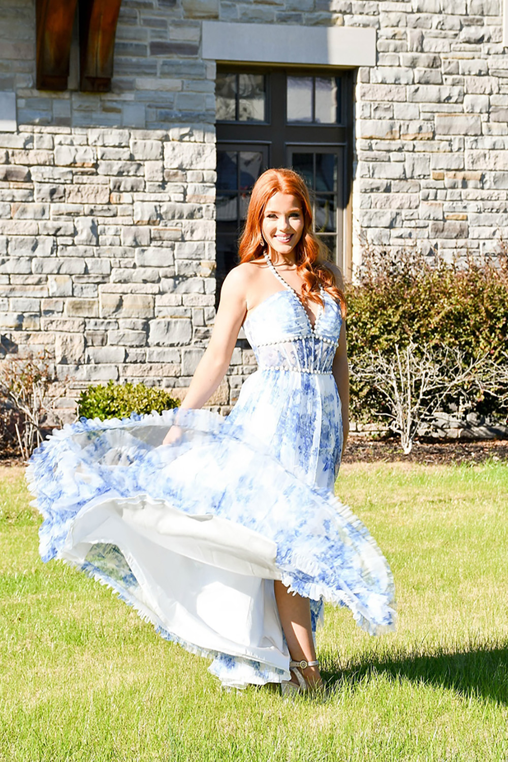 Pink Floral Corset Halter Ruffled Long Prom Dress with Slit