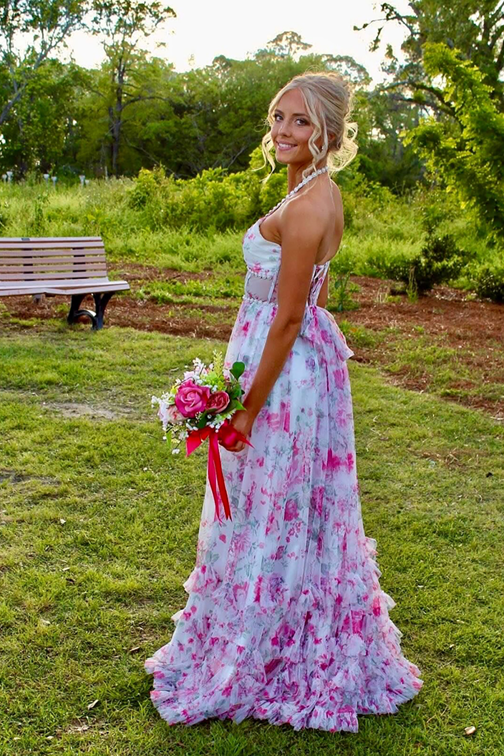 Pink Floral Halter Ruffled Corset Long Prom Dress with Slit