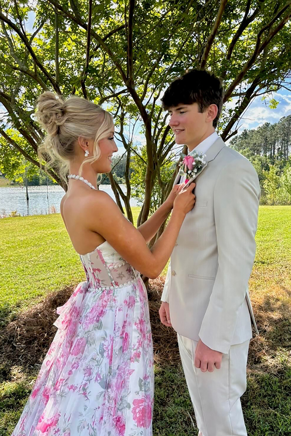 Pink Floral Halter Ruffled Corset Long Prom Dress with Slit