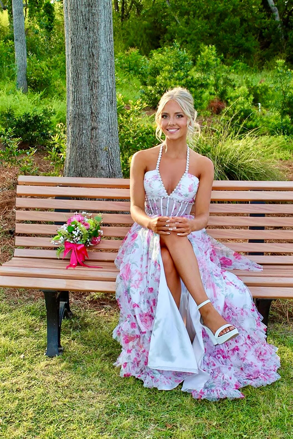 Pink Floral Halter Ruffled Corset Long Prom Dress with Slit