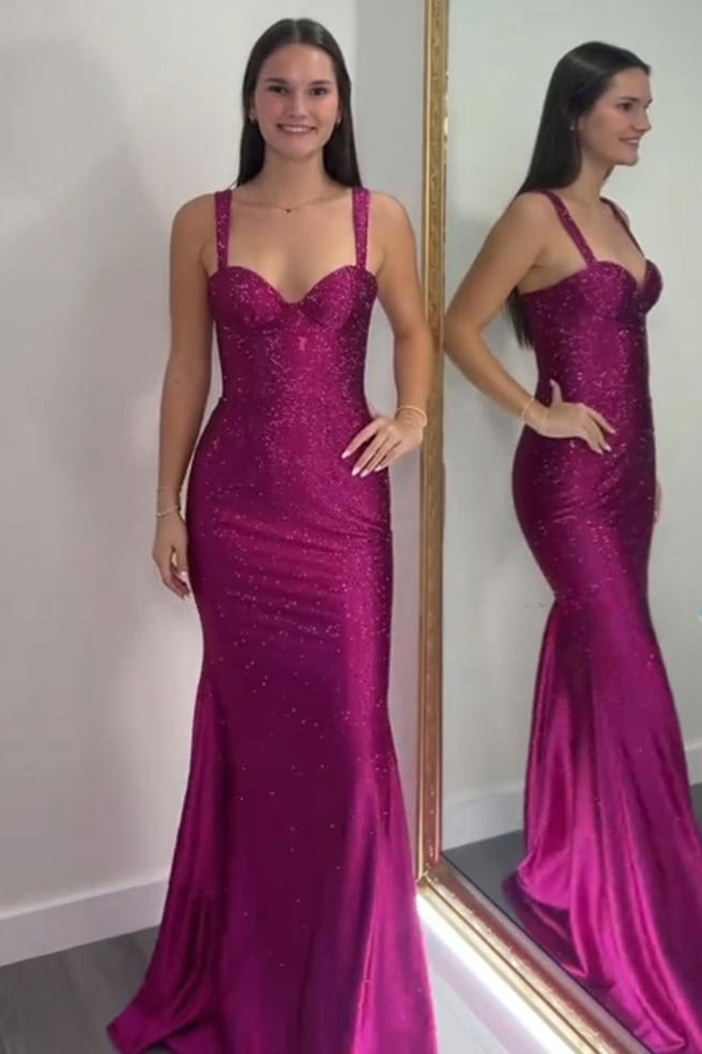 Sparkly Fuchsia Sequin Mermaid Thick Straps Long Prom Dress