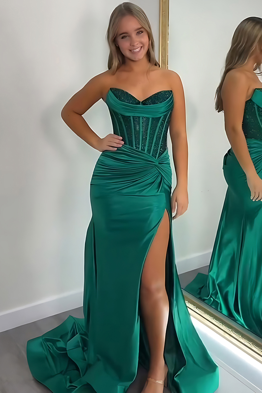 Sparkly Dark Green Sequin Sheath Long Prom Dress with Slit