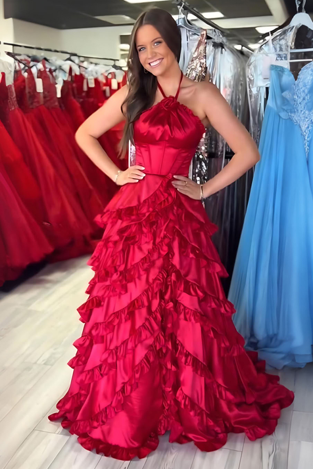 Fuchsia Corset Tiered A Line Halter Long Prom Dress with Ruffles