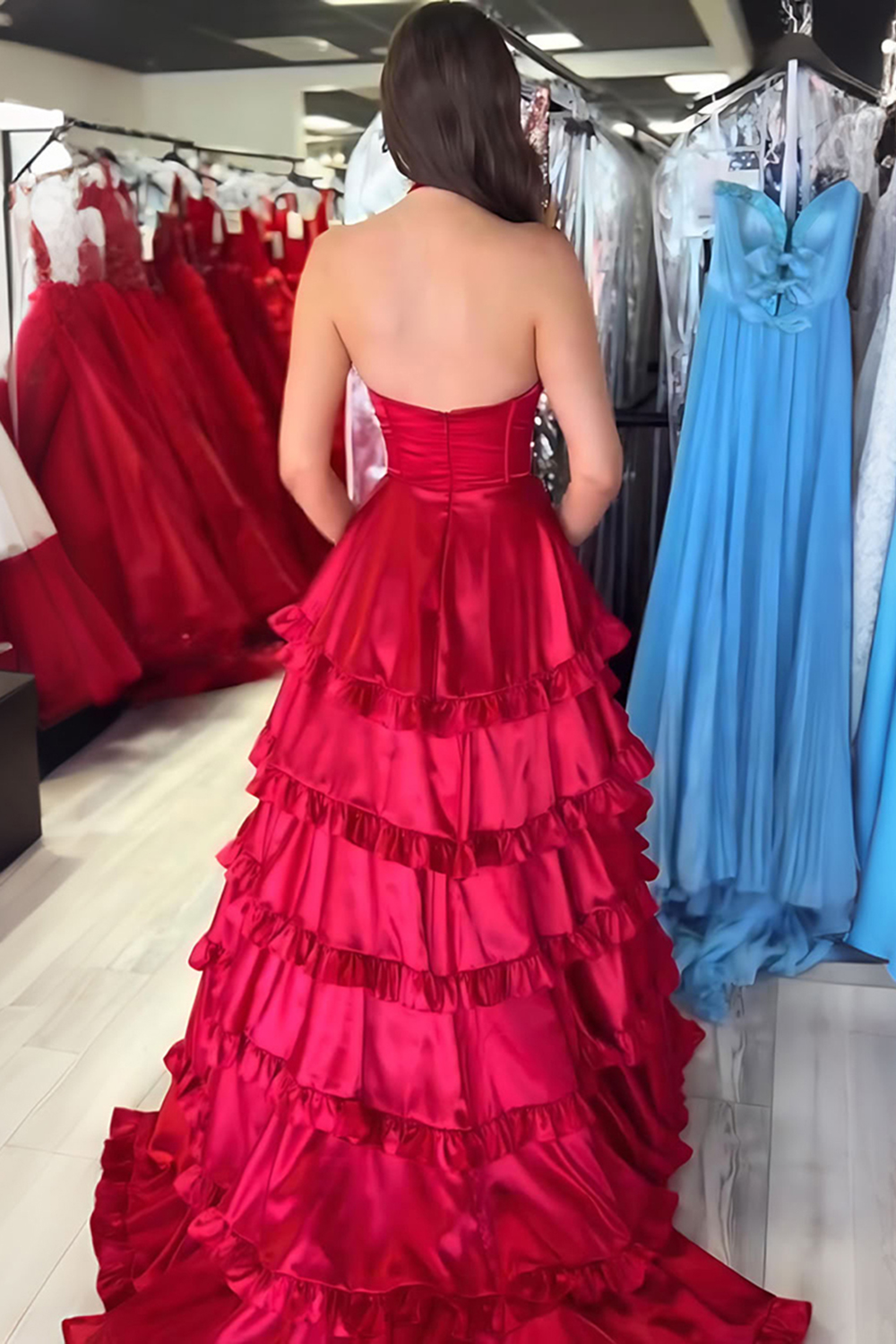 Fuchsia Corset Tiered A Line Halter Long Prom Dress with Ruffles