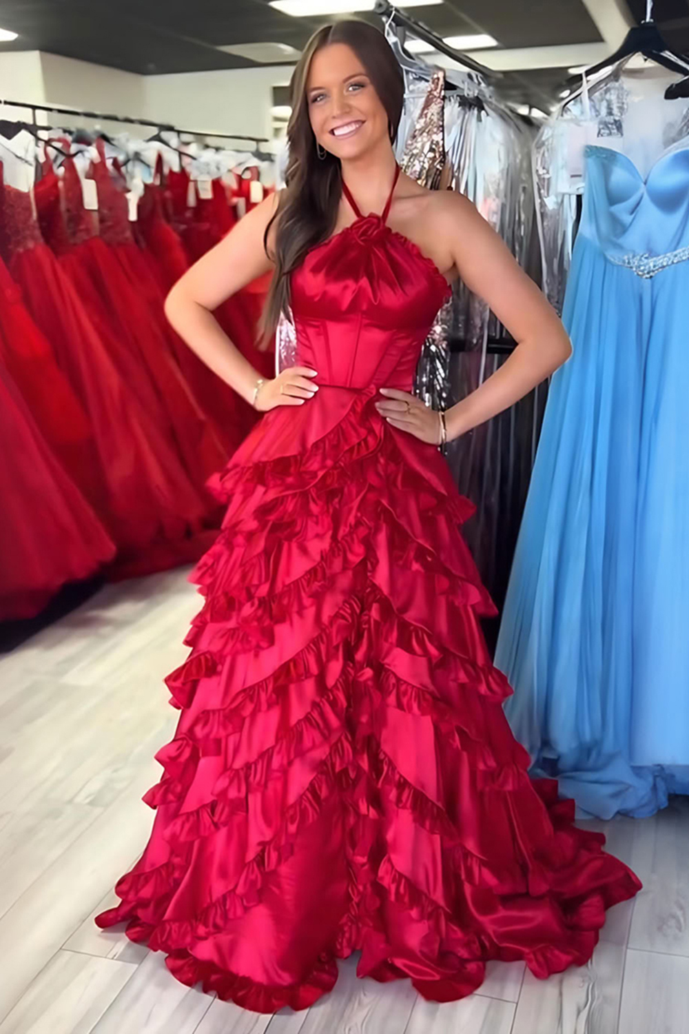 Fuchsia Corset Tiered A Line Halter Long Prom Dress with Ruffles