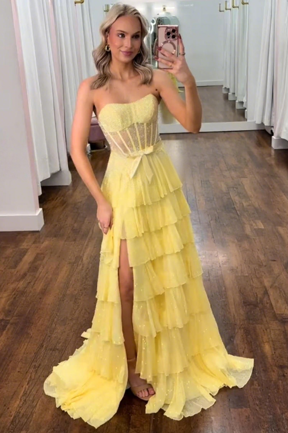 Sparkly Yellow A Line Corset Ruffled Long Prom Dress with Bow
