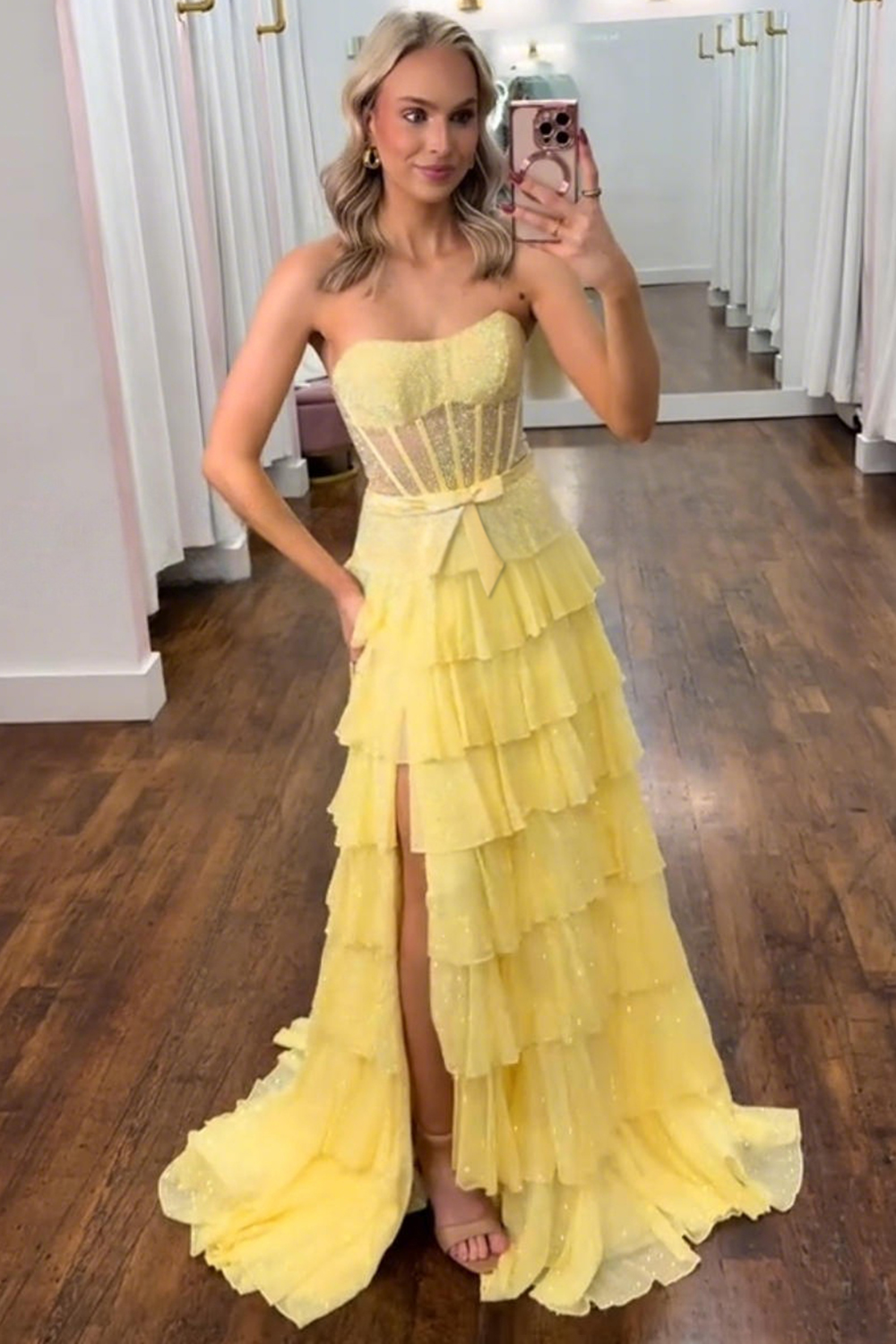 Sparkly Yellow A Line Corset Ruffled Long Prom Dress with Bow