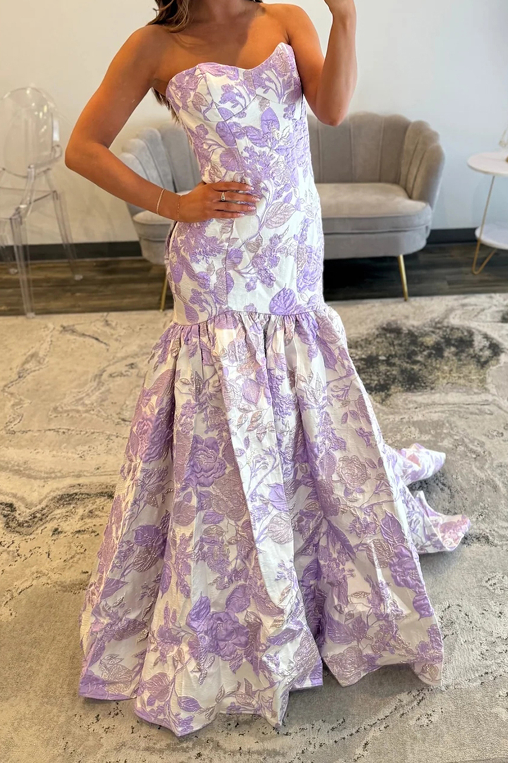 Elegant Lilac Floral Sweetheart A Line Long Prom Dress