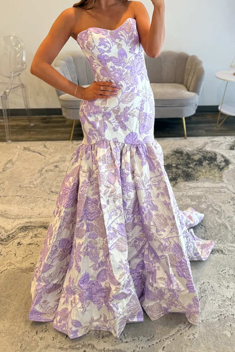 Elegant Lilac Floral Sweetheart A Line Long Prom Dress