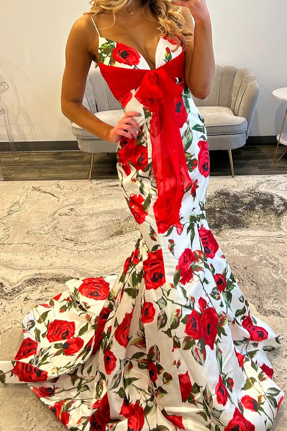 White Red Flower Mermaid Spaghetti Straps Long Prom Dress with Bow