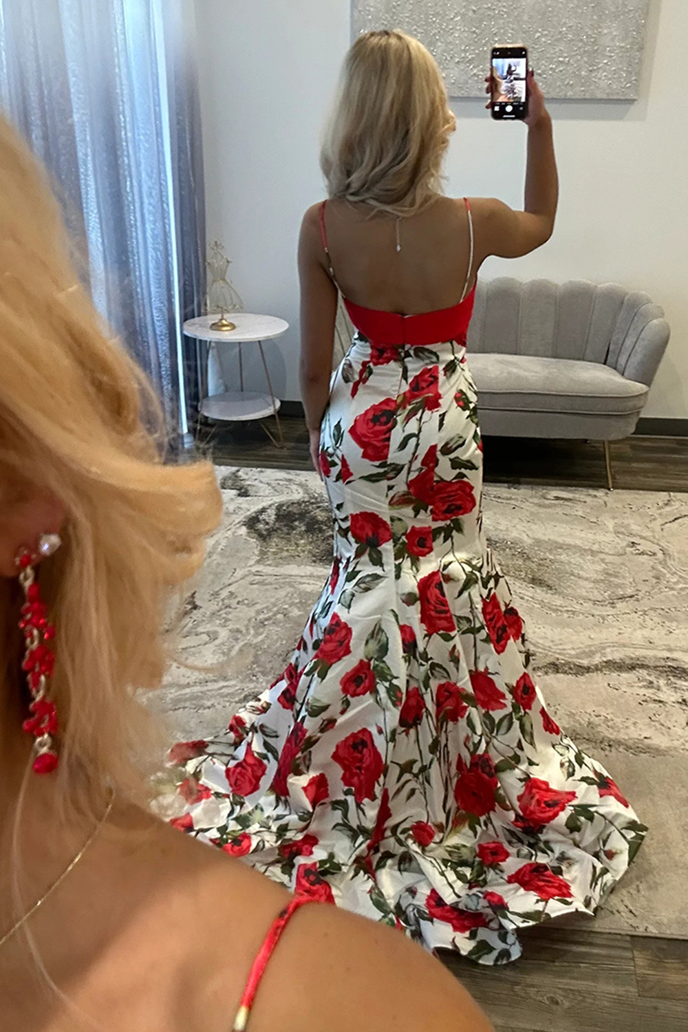 White Red Flower Mermaid Spaghetti Straps Long Prom Dress with Bow