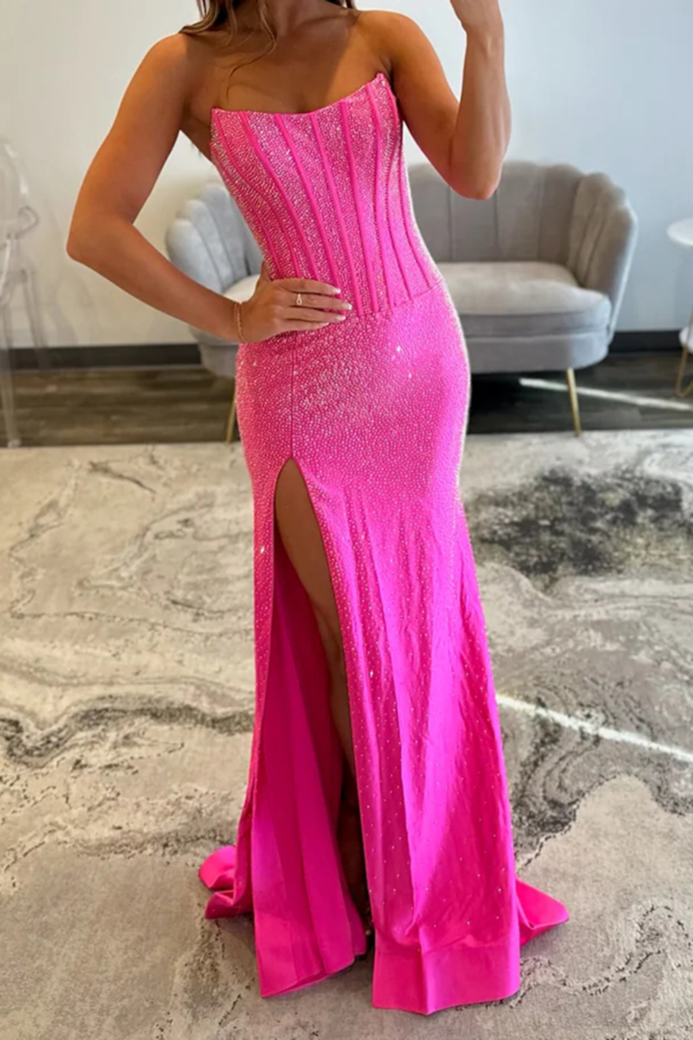 Sparkly Fuchsia Corset Sequin Mermaid Long Prom Dress with Slit