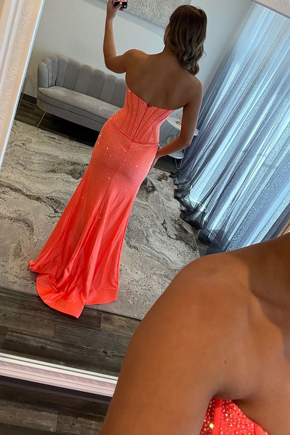 Sparkly Fuchsia Corset Beaded Mermaid Long Prom Dress with Slit