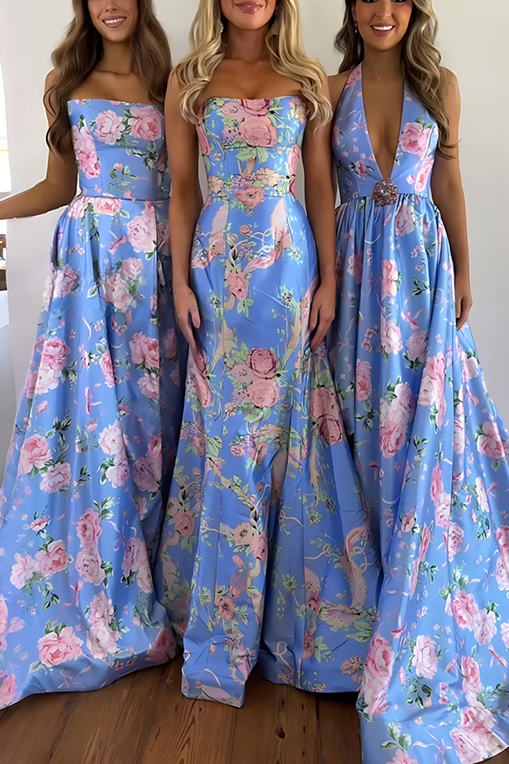 Floral Pink Halter A Line Long Prom Dress with Slit