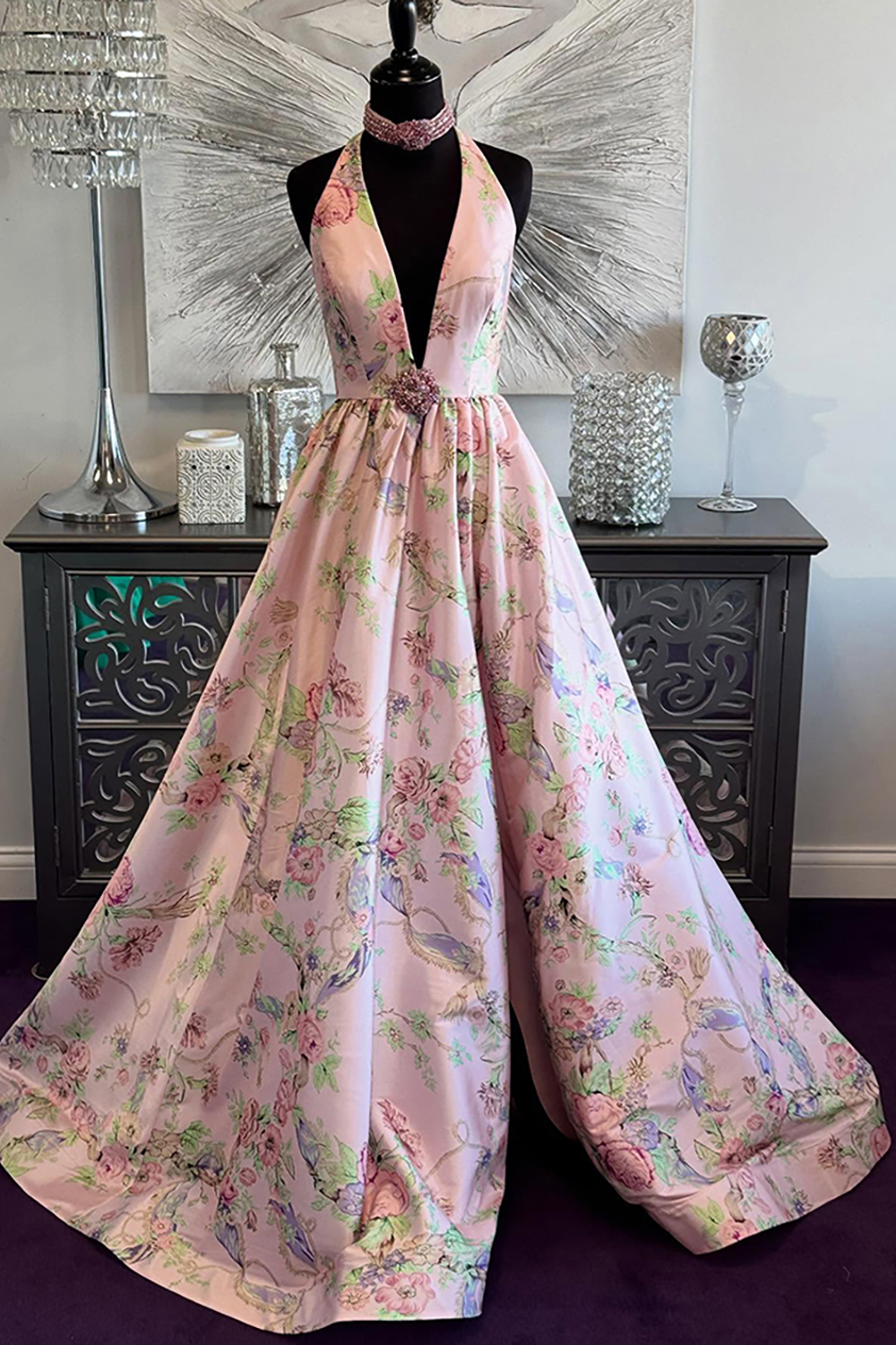 Floral Pink Halter A Line Long Prom Dress with Slit