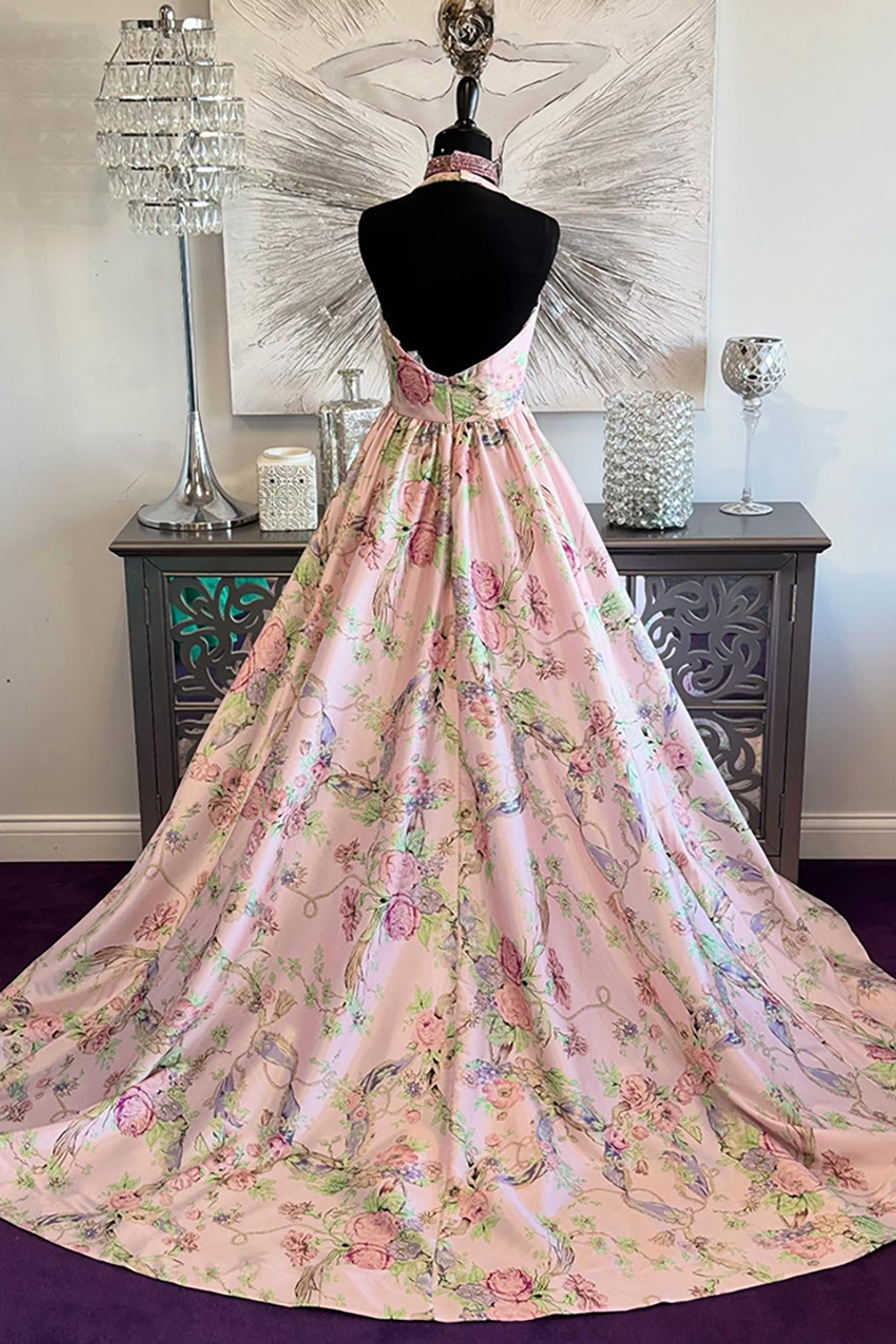 Floral Pink Halter A Line Long Prom Dress with Slit