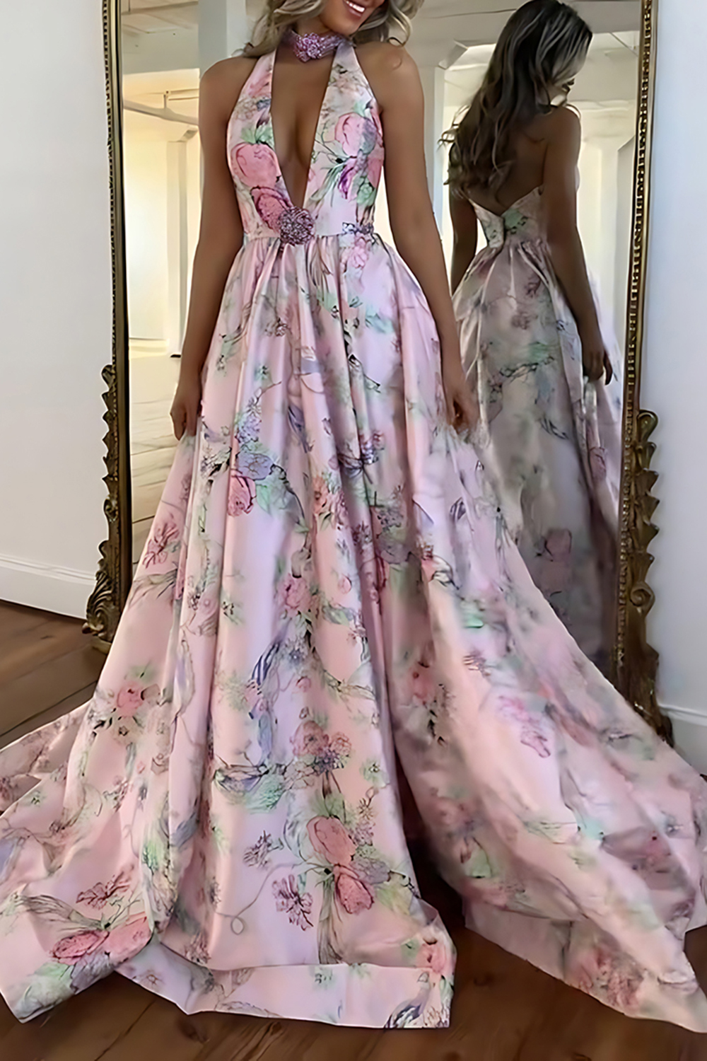 Floral Pink Halter A Line Long Prom Dress with Slit