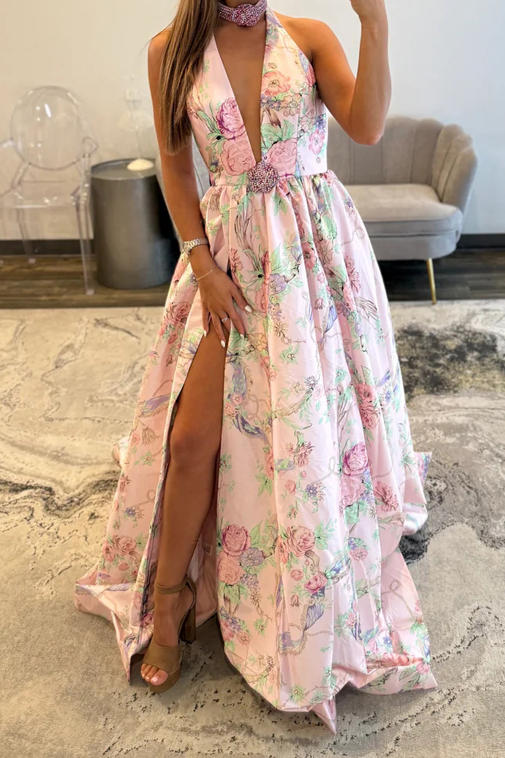 Floral Pink V-Neck A Line Long Prom Dress with Slit
