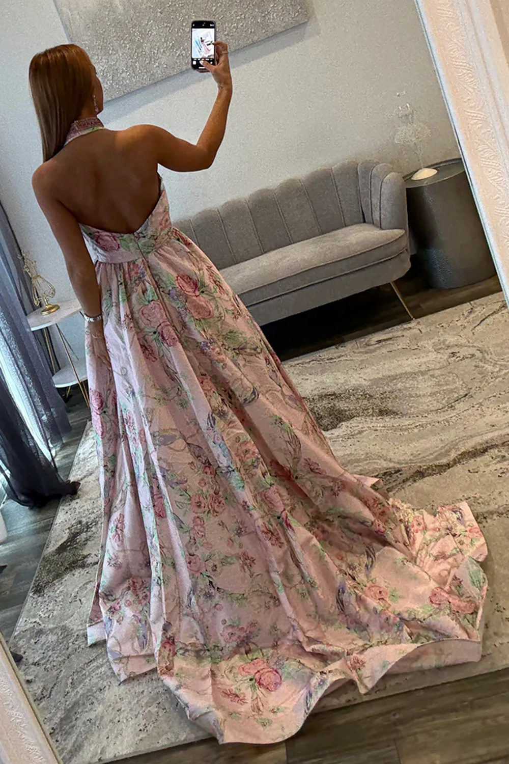 Floral Pink V-Neck A Line Long Prom Dress with Slit