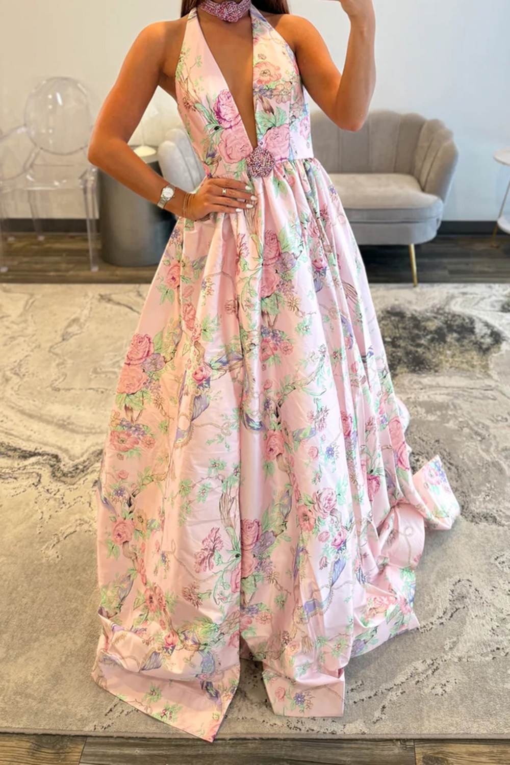 Floral Pink V-Neck A Line Long Prom Dress with Slit