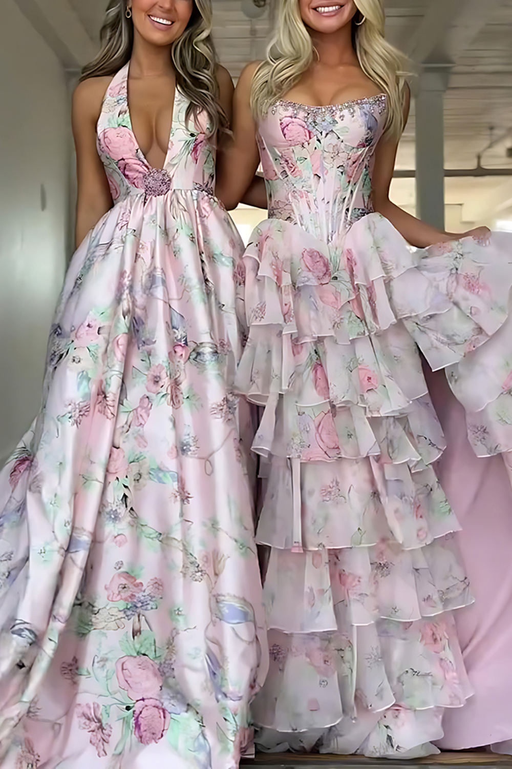 Floral Pink Halter A Line Long Prom Dress with Slit