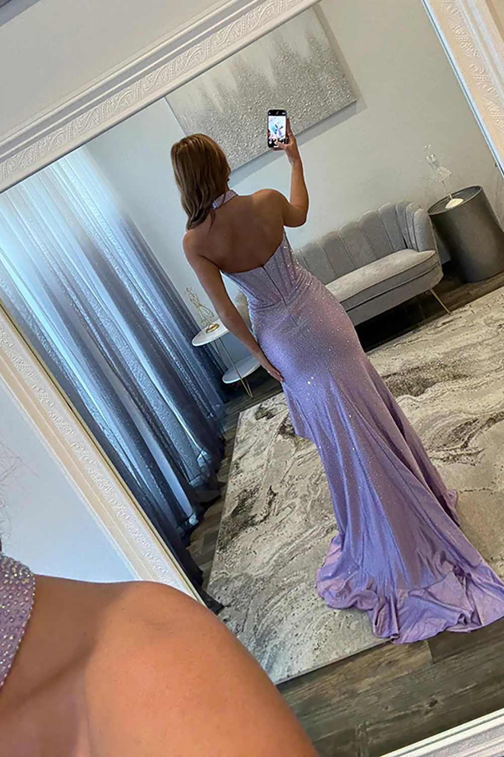 Sparkly Lilac Sweetheart Beaded Corset Long Prom Dress with Slit
