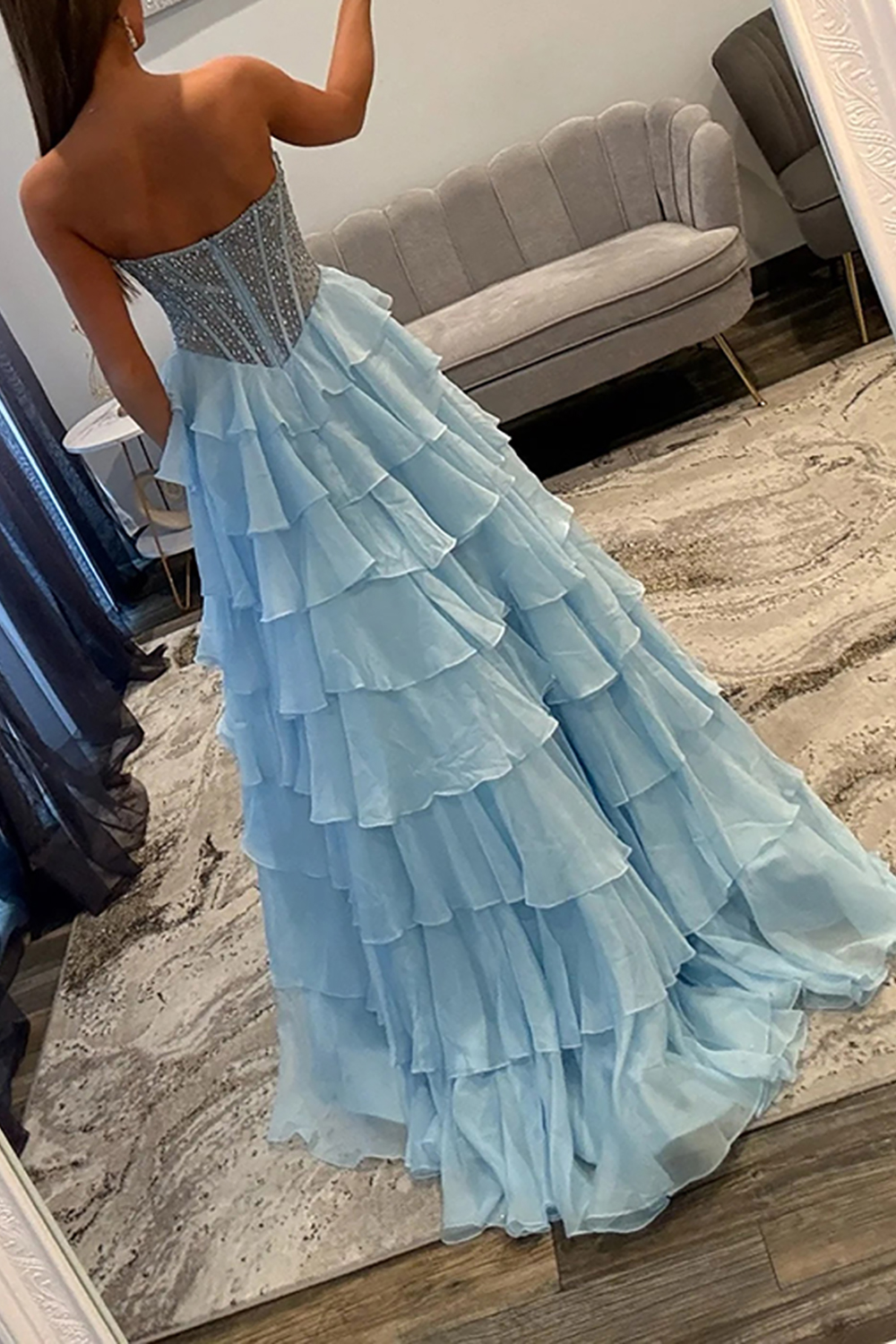 Sparkly Pink Corset Beaded A Line Tiered Long Prom Dress with Slit