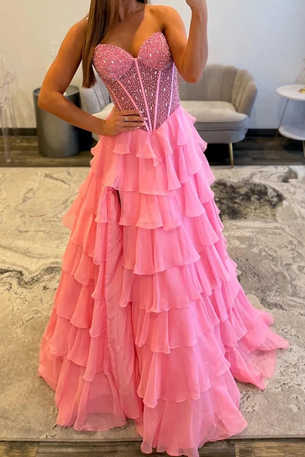 Sparkly Pink Corset A Line Tiered Long Prom Dress with Slit