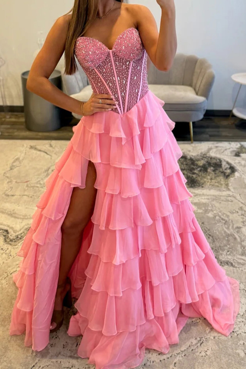 Sparkly Pink Corset A Line Tiered Long Prom Dress with Slit