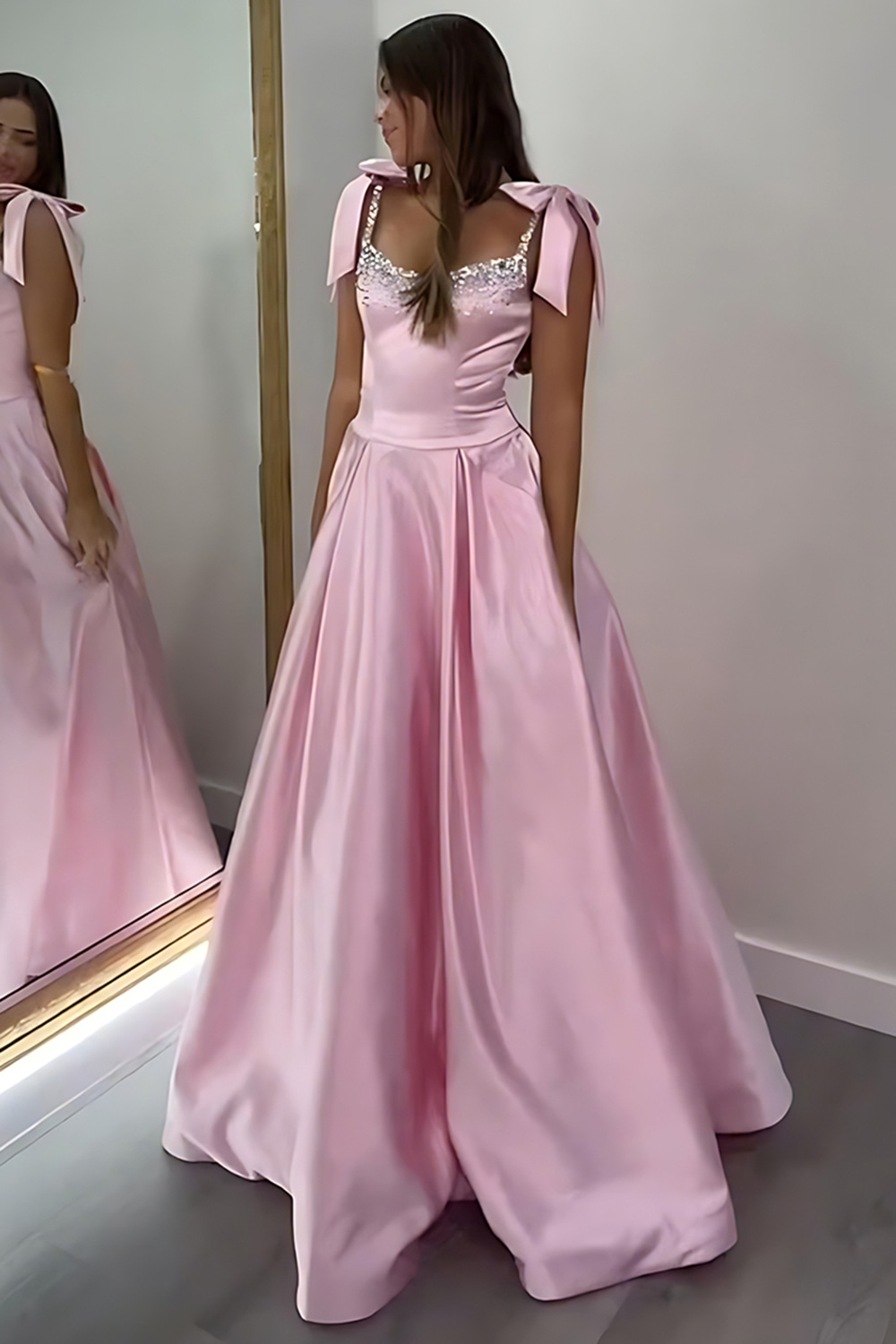 Sparkly Red Satin Beaded A Line Long Prom Dress with Bow