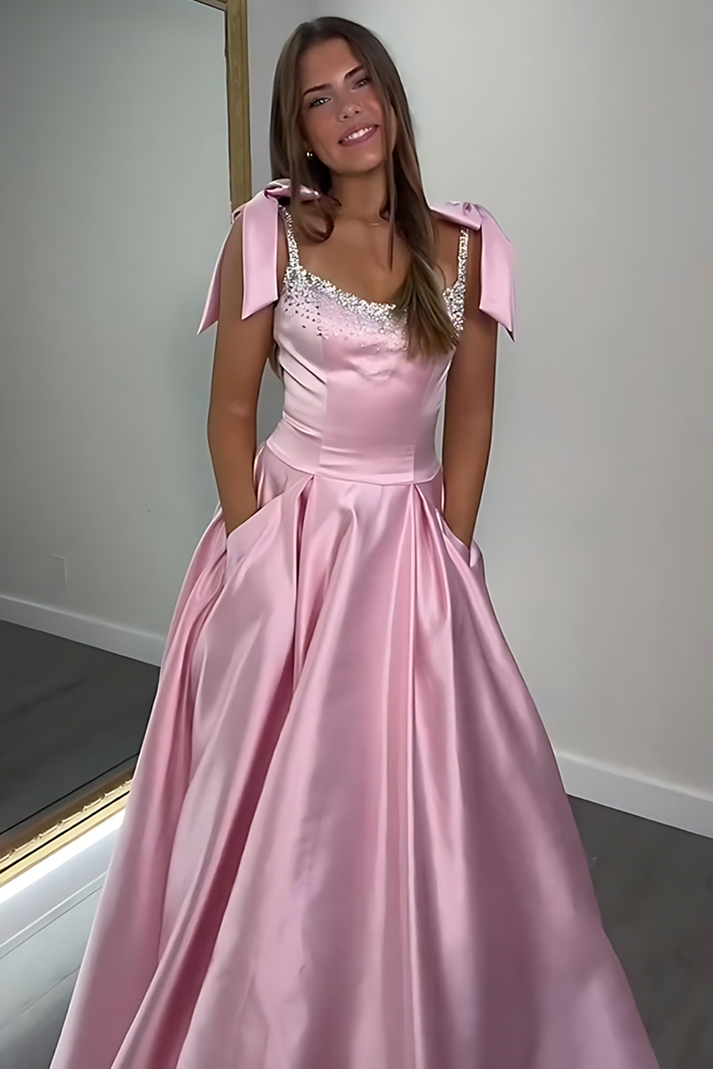 Sparkly Red Satin Beaded A Line Long Prom Dress with Bow