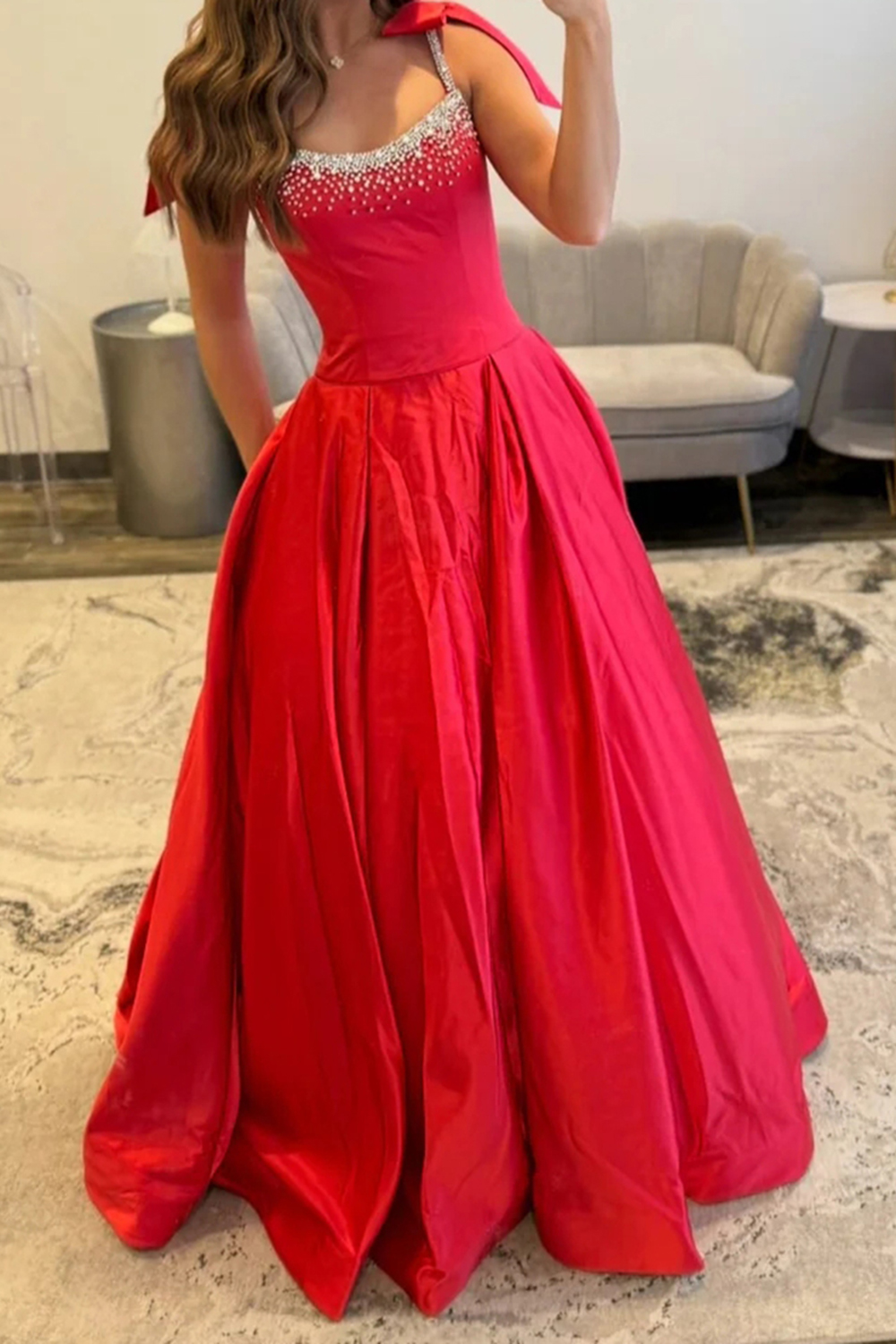 Sparkly Red A Line Scoop Neck Long Prom Dress with Beading