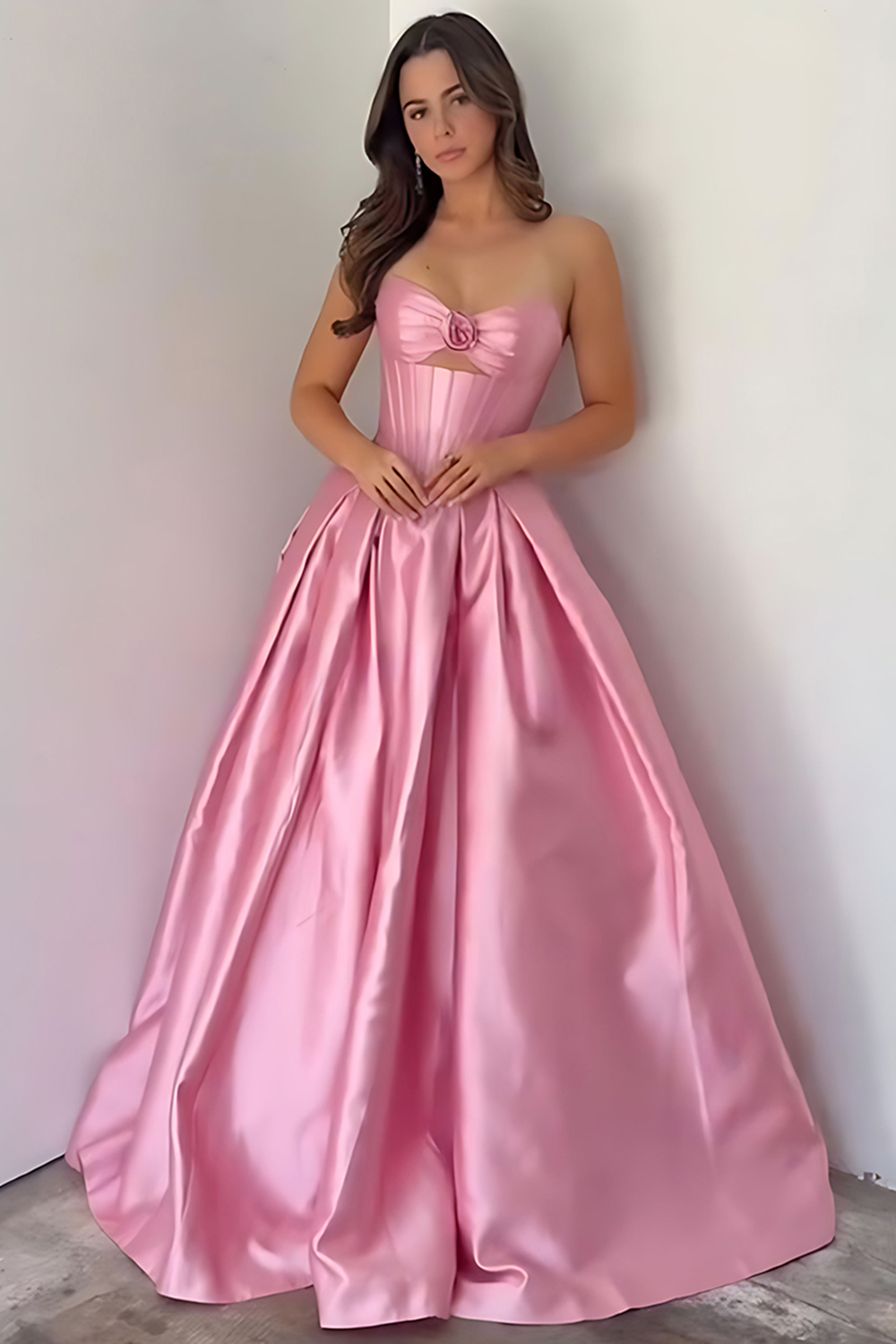 Pink Sweetheart Satin Corset A Line Cut Out Long Prom Dress