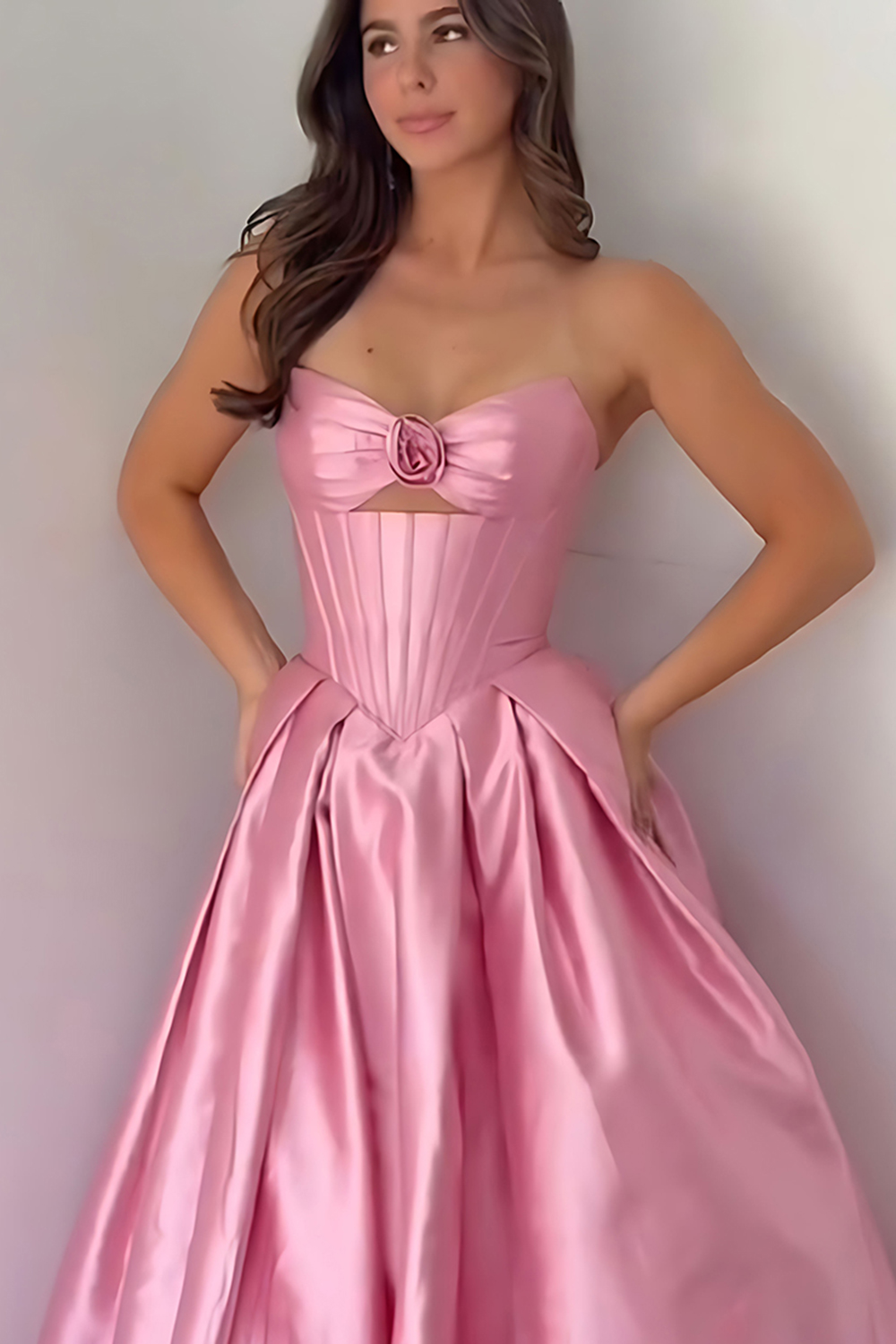 Pink Sweetheart Satin Corset A Line Cut Out Long Prom Dress