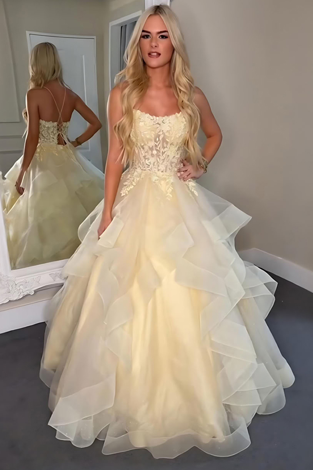 Yellow Strapless Corset A Line Organza Long Prom Dress with Lace