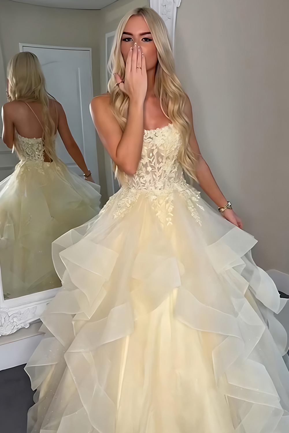 Yellow Strapless Corset A Line Organza Long Prom Dress with Lace