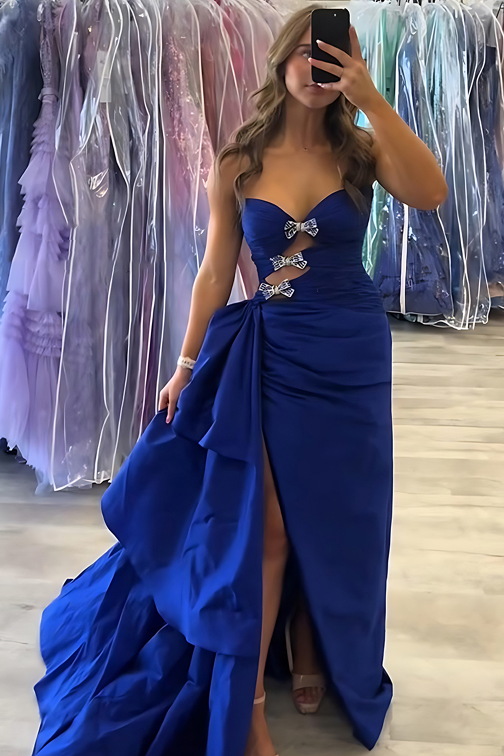 Royal Blue Sweetheart Mermaid Cut Out Long Prom Dress with Side Cape