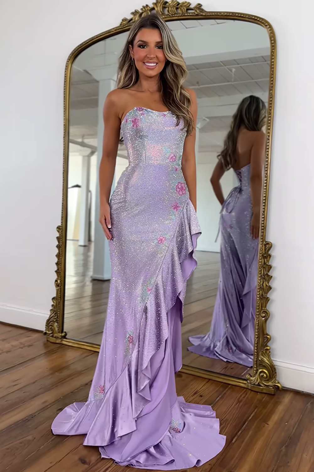Sparkly Light Blue Floral Beaded Ruffled Long Prom Dress with Slit