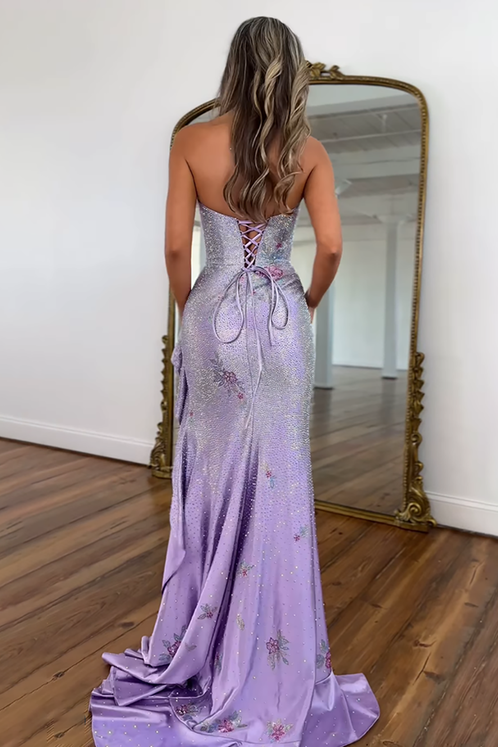 Sparkly Light Blue Floral Beaded Ruffled Long Prom Dress with Slit